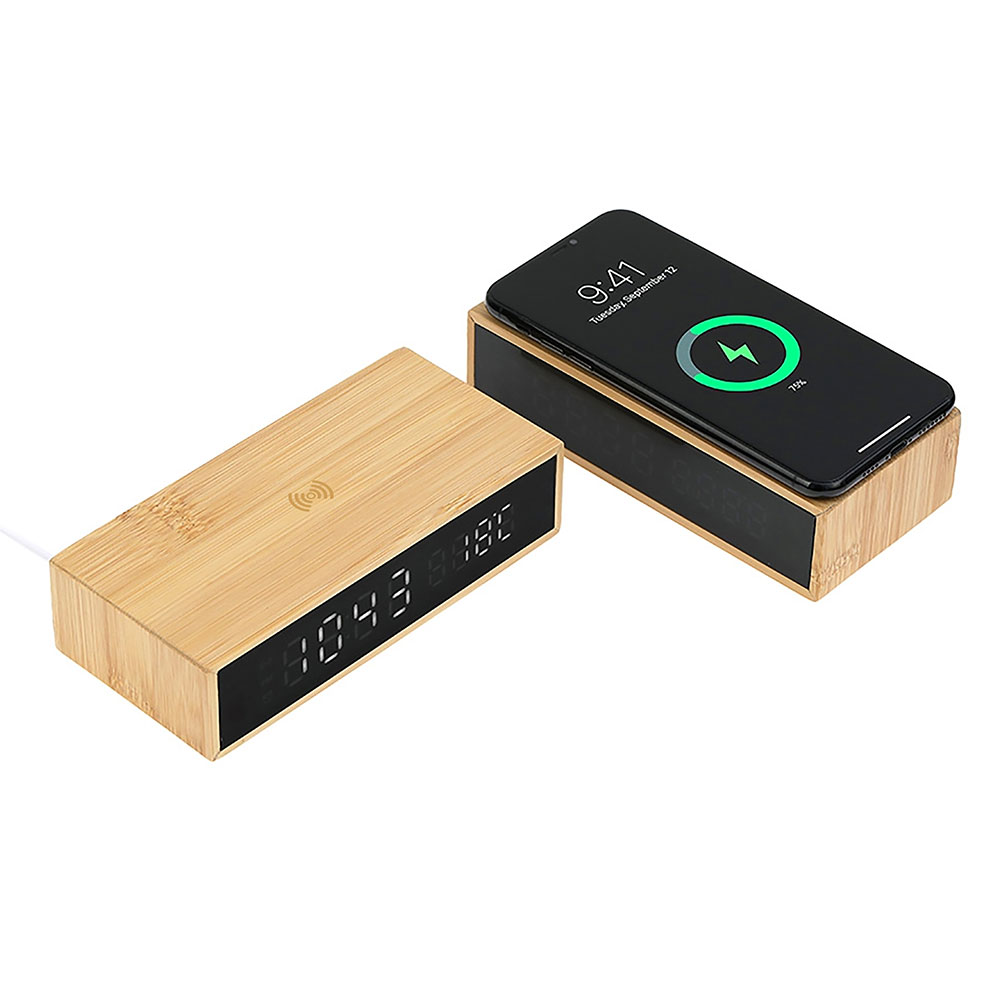 Wireless Mobil Şarj Cihazı Ve Bambu Dijital Masa Saati